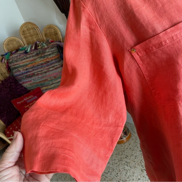 ELLEN TRACY Linen Peach Coral Woven Pullover Shirt! Gold zipper! LARGE Like New. - Picture 4 of 14